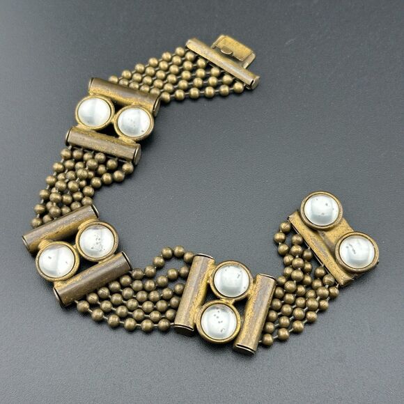 Unbranded Jewelry - Vintage Art Deco 6-Strand Brass Ball Bead Chain Glass Moonstones Bracelet 7.5”